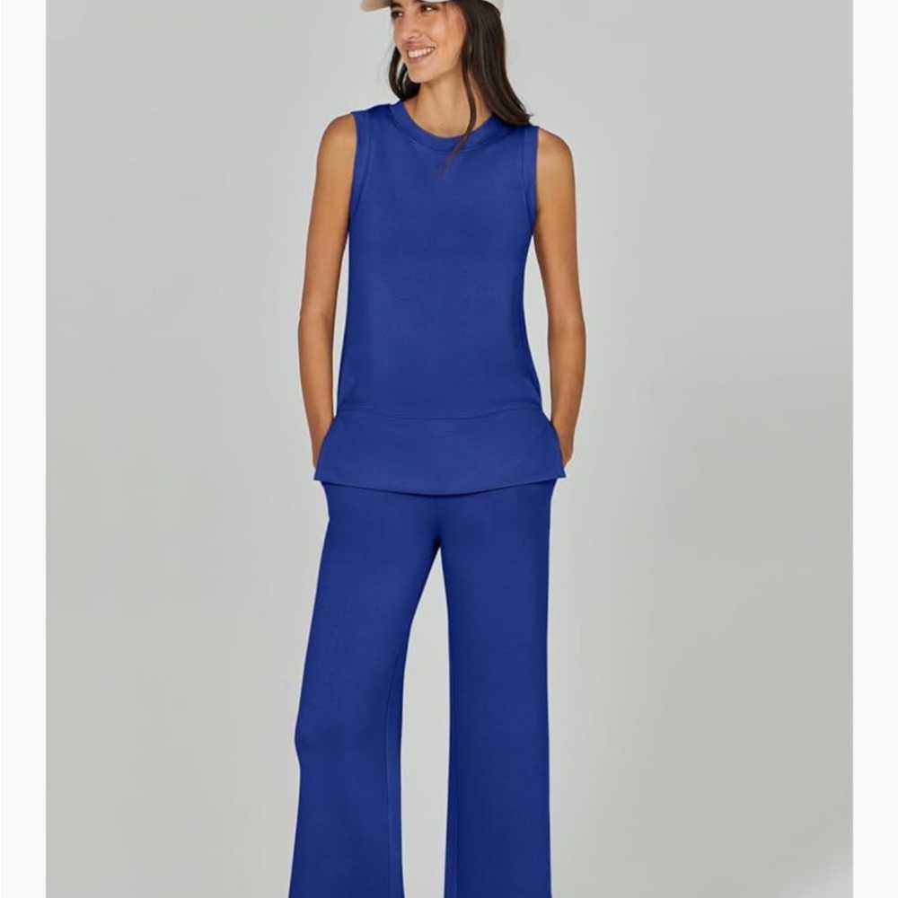 Wide Leg Knit Tank and Pants Set - Royal Blue